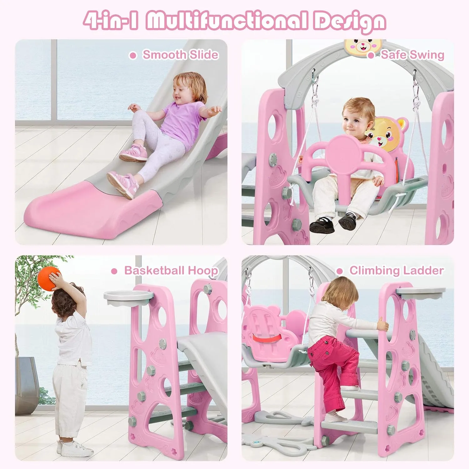 4-In-1 Toddler Climber And Swing Set With Removable Basketball Hoop Rw-6 Pink