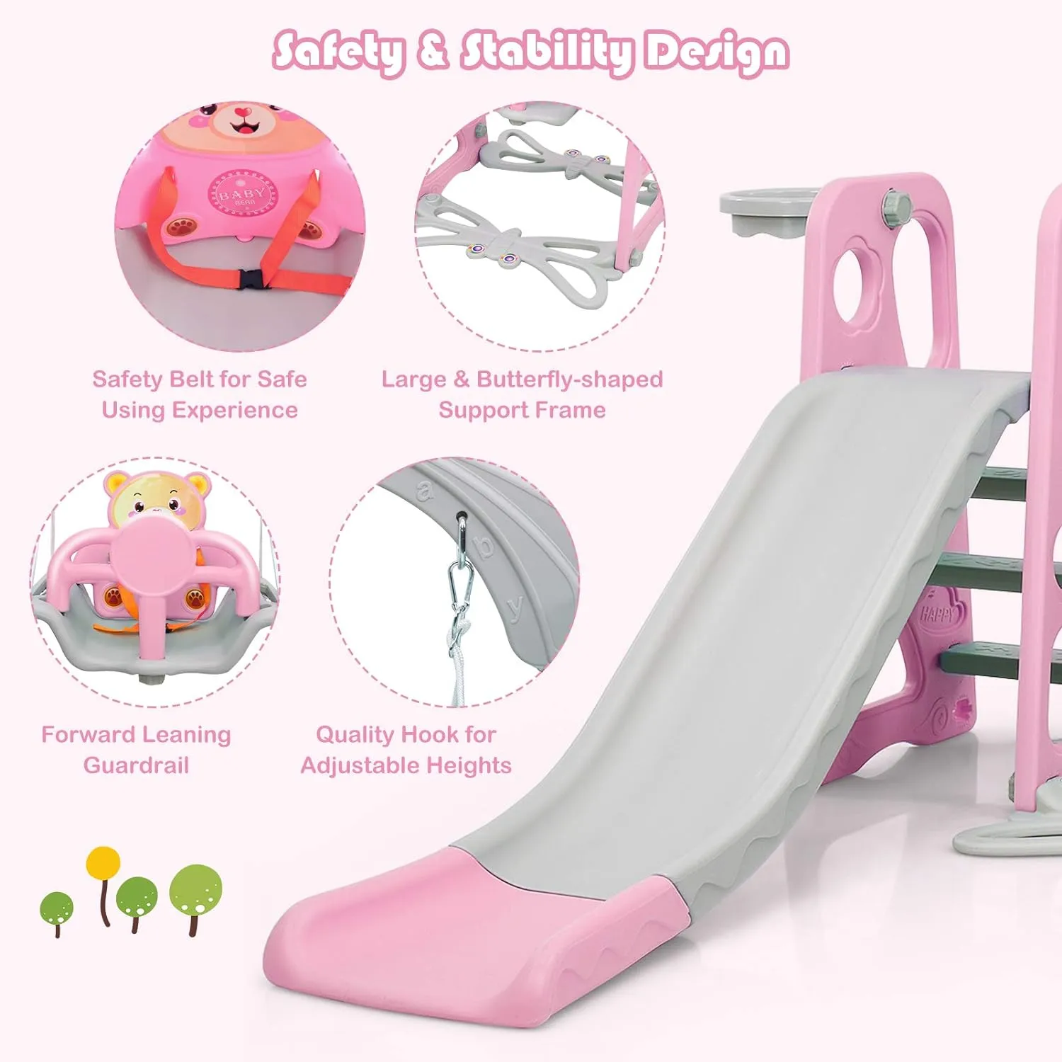 4-In-1 Toddler Climber And Swing Set With Removable Basketball Hoop Rw-6 Pink