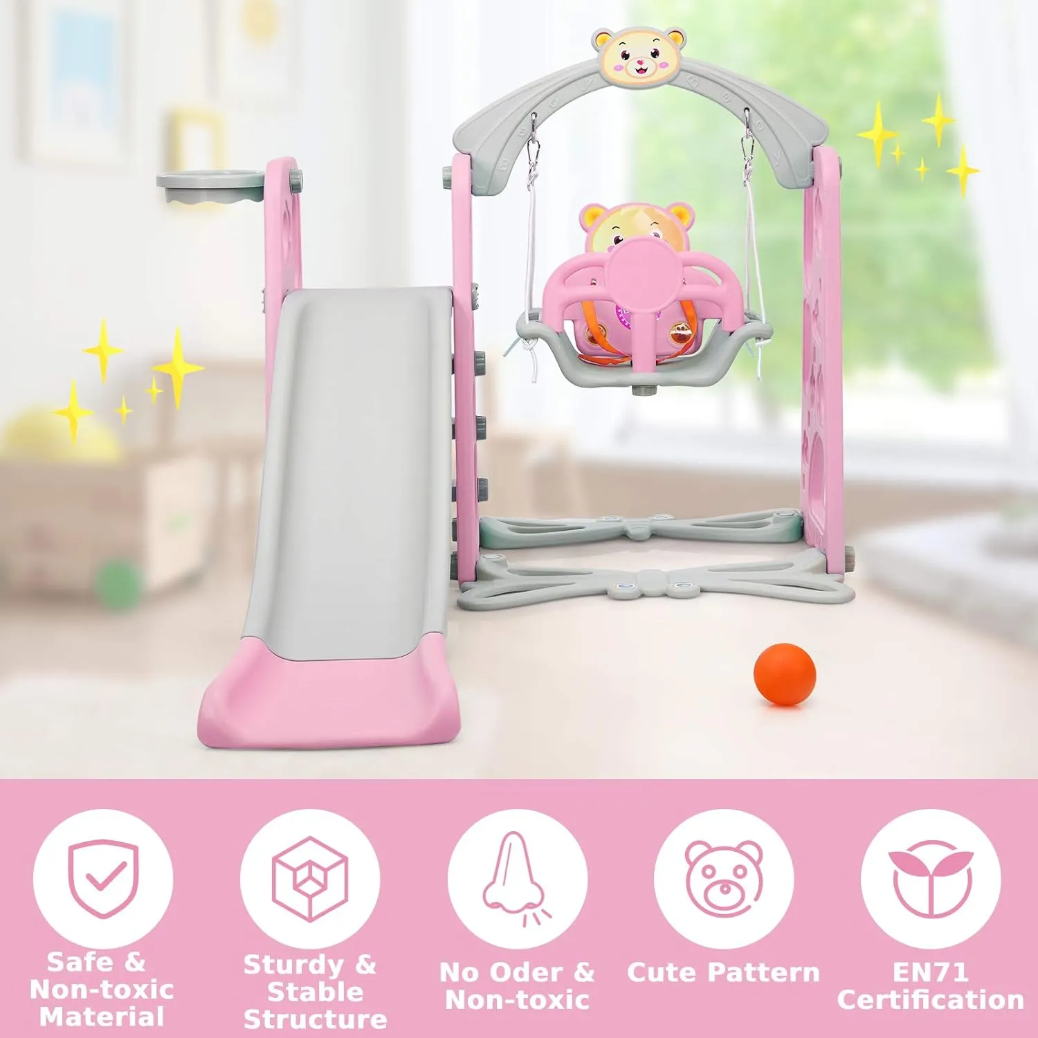 4-In-1 Toddler Climber And Swing Set With Removable Basketball Hoop Rw-6 Pink
