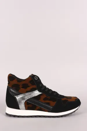 Bamboo Leopard Round Toe High Top Lace Up Sneaker