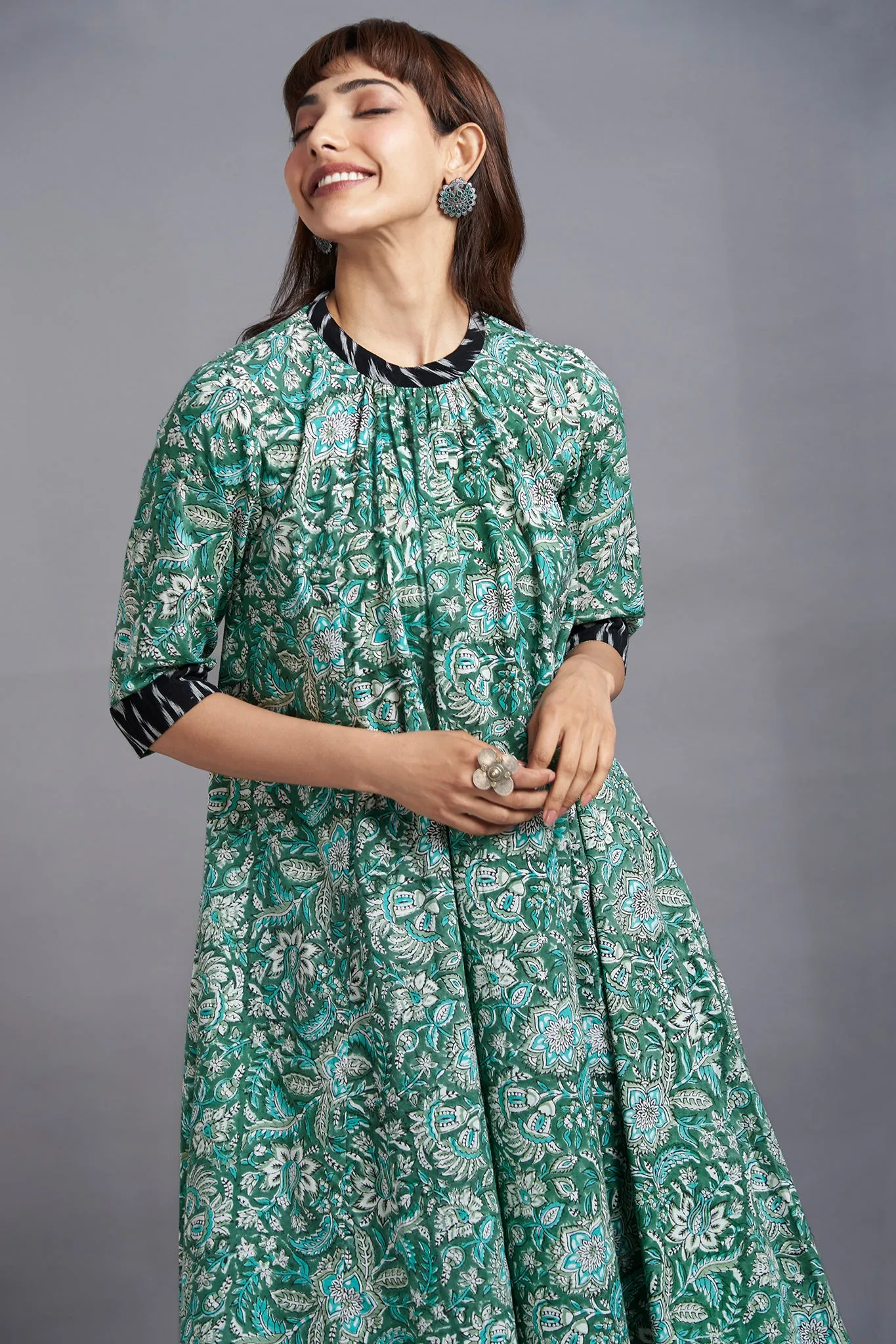 botanical twist - crew neck a-line gather dress