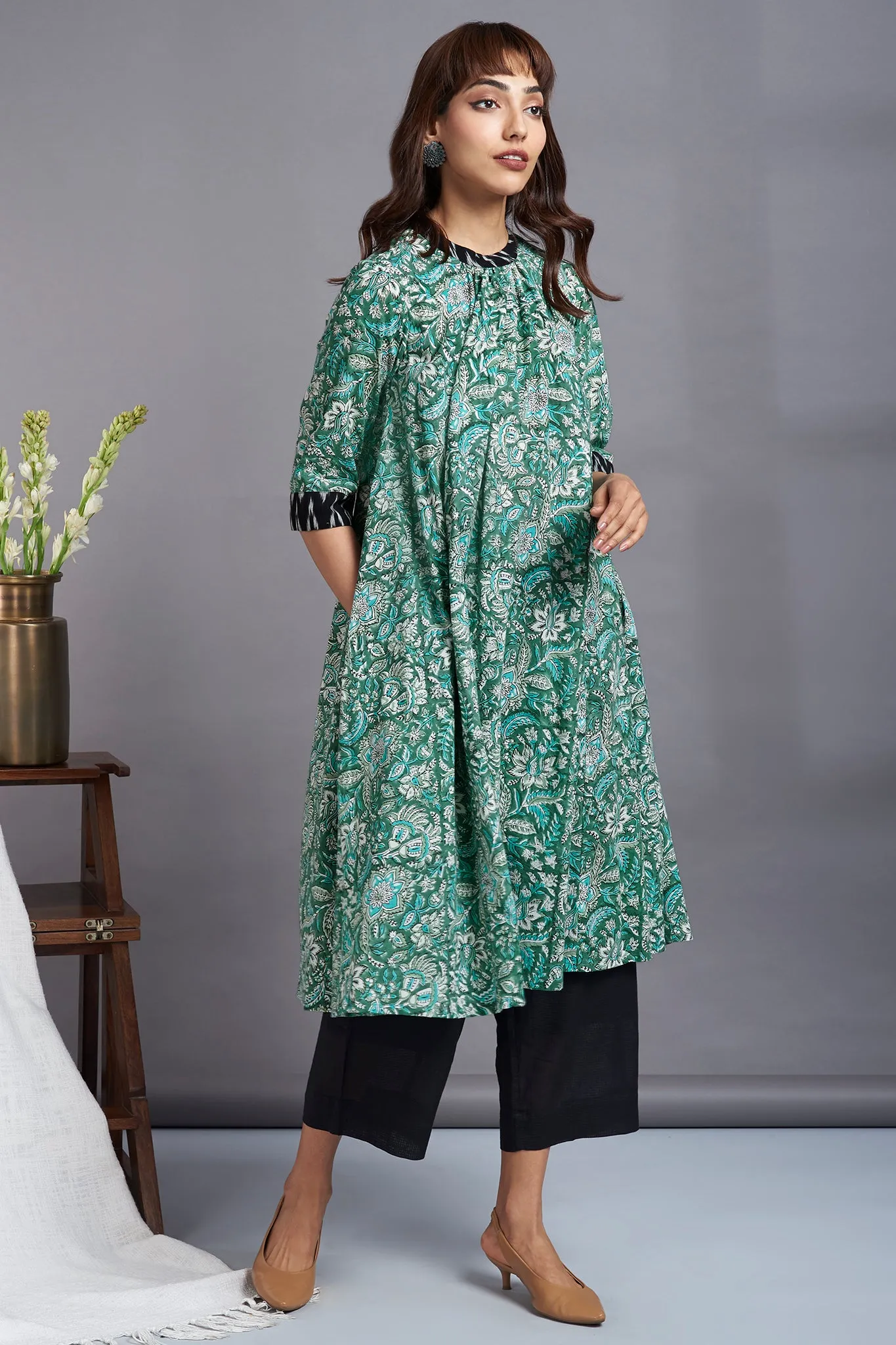 botanical twist - crew neck a-line gather dress