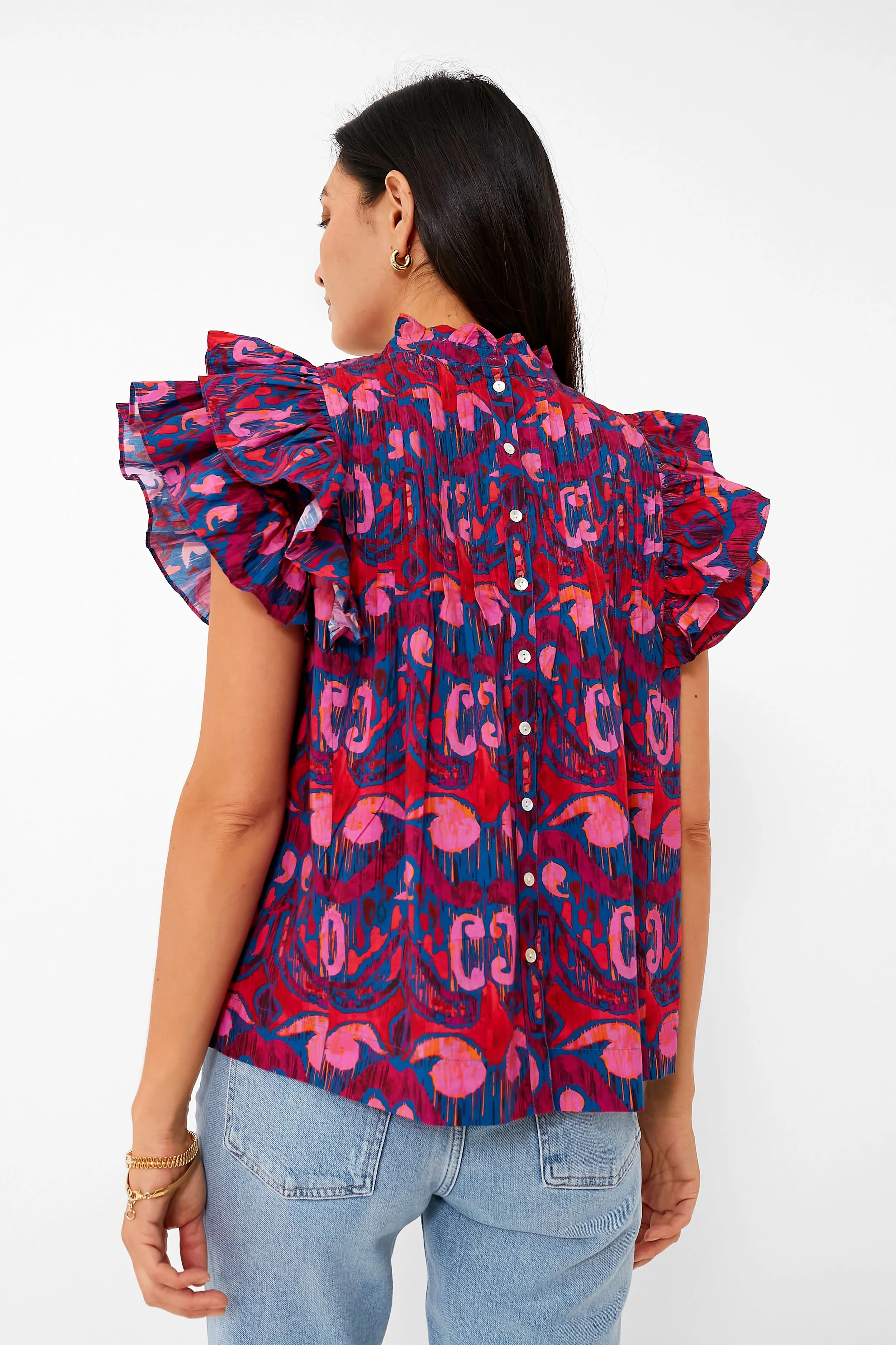 Exclusive Blue Kazak Pintuck Ruffle Top