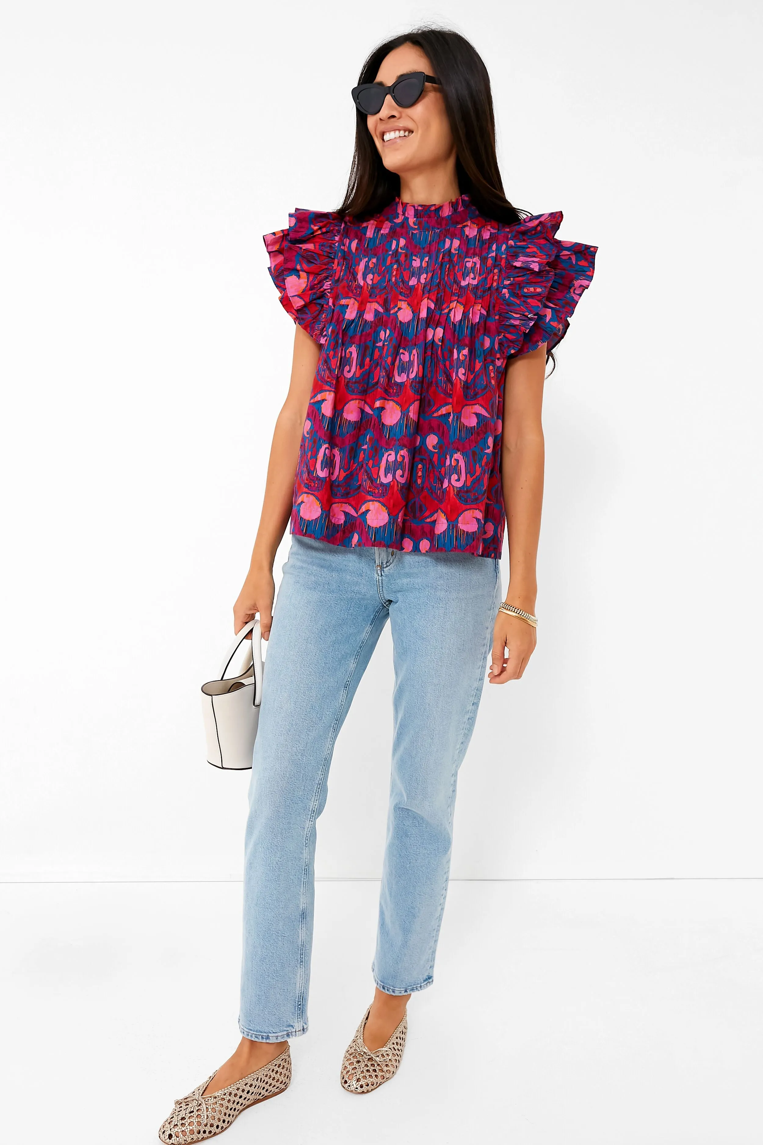 Exclusive Blue Kazak Pintuck Ruffle Top