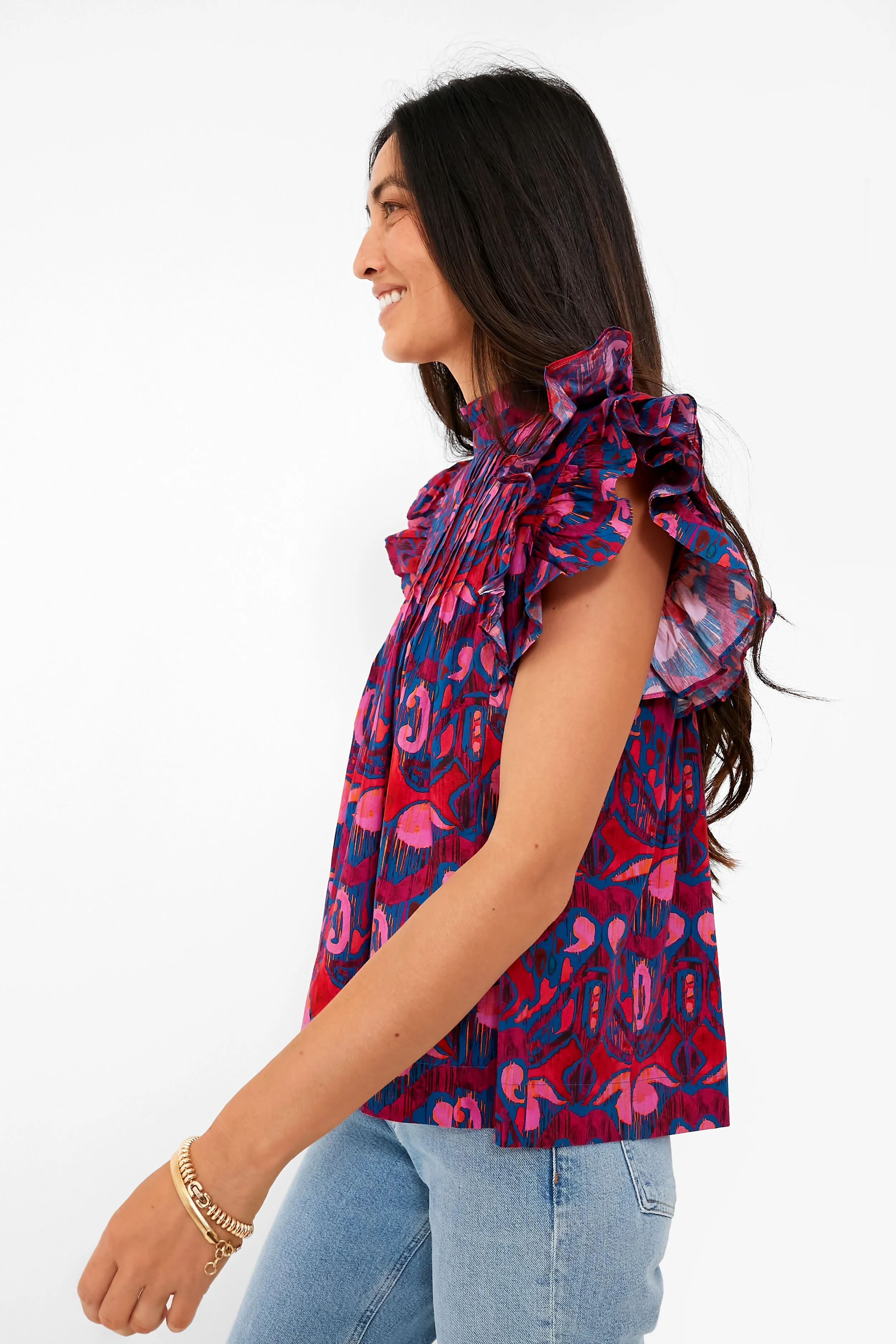 Exclusive Blue Kazak Pintuck Ruffle Top