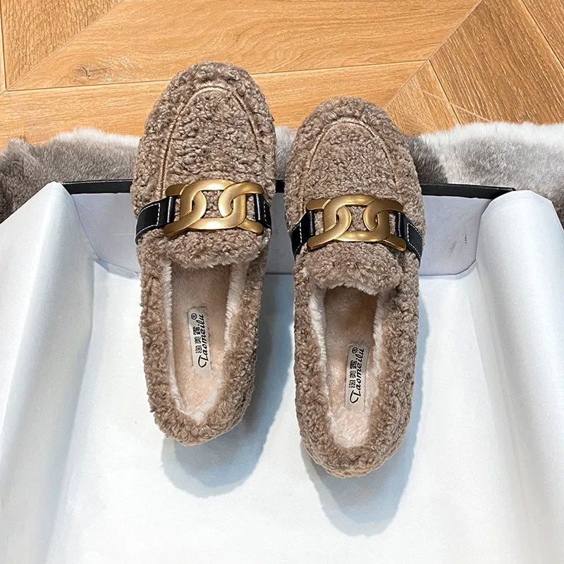 Furry Outer Wearing Flats Loafers Elk Decor Backless  Wild Fluffy Flat Mules Warm