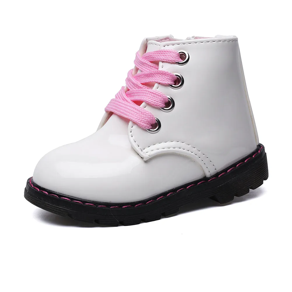 Girl's Lace-Up Ankle Boots, Waterproof Side Zipper Rain Shoes