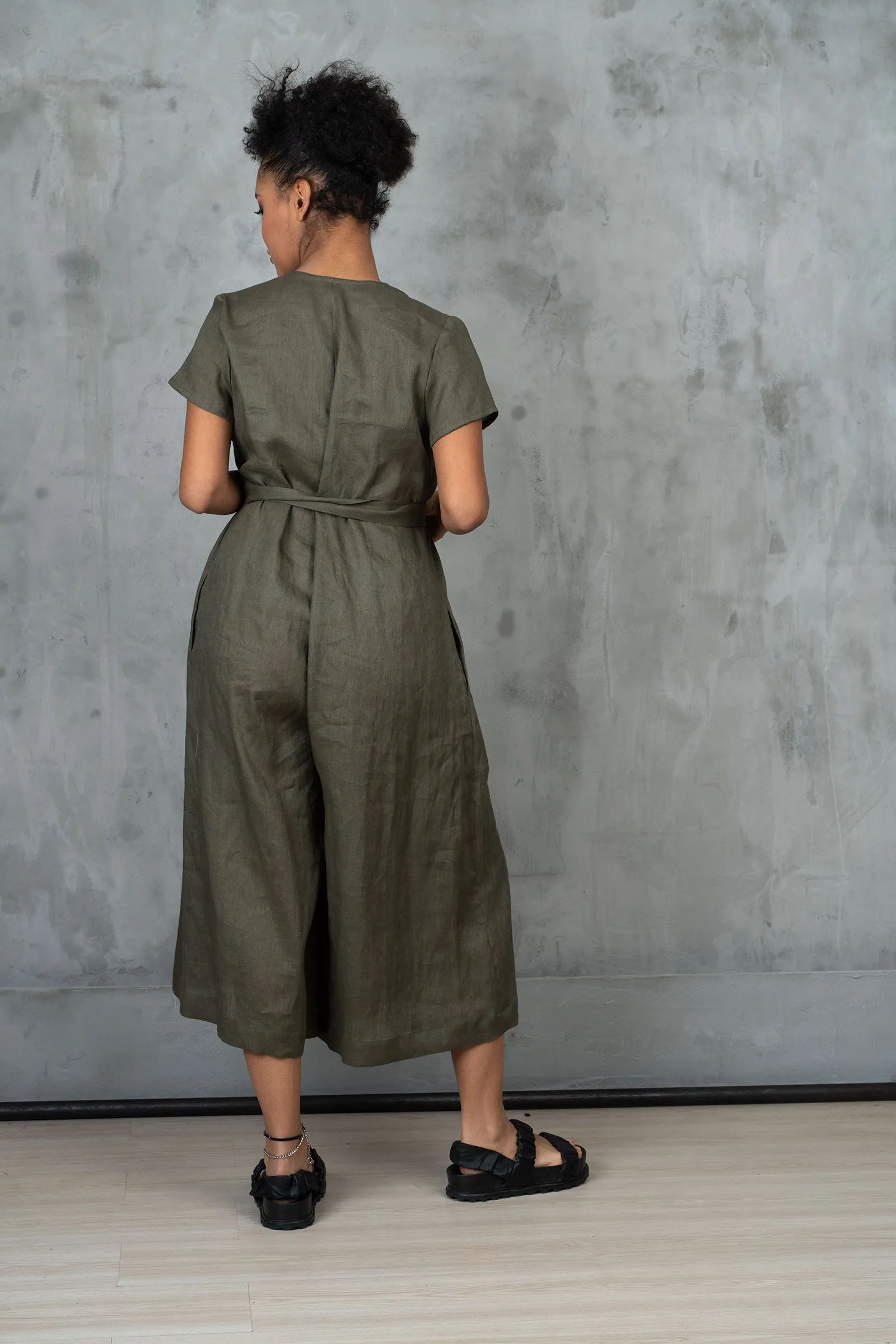Khaki Green Linen Jumpsuit Women