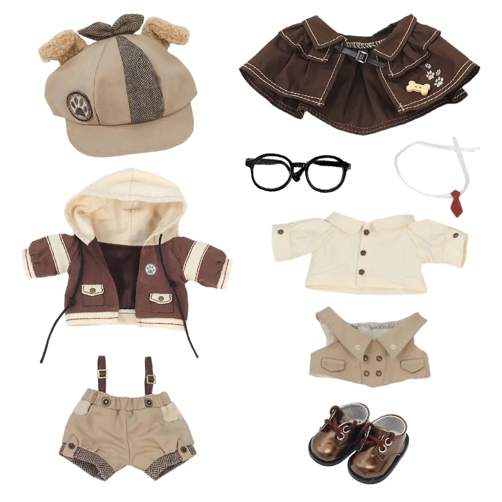 niannyyhouse 20cm Doll Clothes Brown Hat Coat Overalls Shawl Tie Shirt Vest Glasses Shoes Detective Outfit 8in Plush Toy Dressup