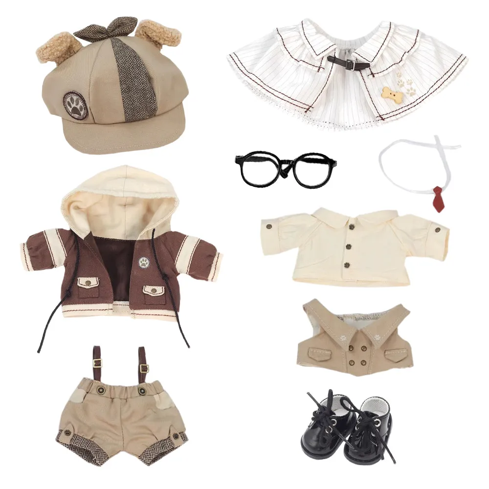 niannyyhouse 20cm Doll Clothes Brown Hat Coat Overalls Shawl Tie Shirt Vest Glasses Shoes Detective Outfit 8in Plush Toy Dressup
