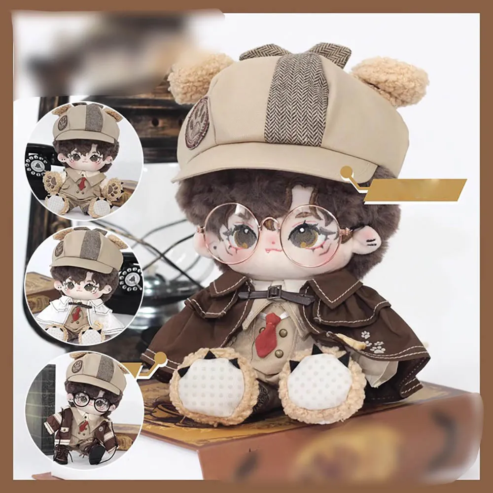 niannyyhouse 20cm Doll Clothes Brown Hat Coat Overalls Shawl Tie Shirt Vest Glasses Shoes Detective Outfit 8in Plush Toy Dressup