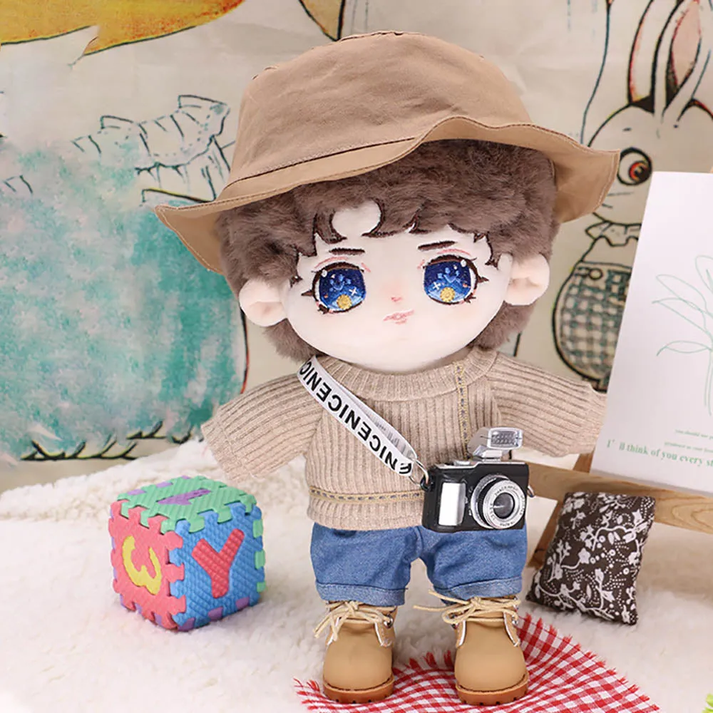 niannyyhouse 20cm Plushie Doll Clothes Travel Set Fisherman's Hat Low Neck Sweater Jeans Shoes 8in Doll Accessories