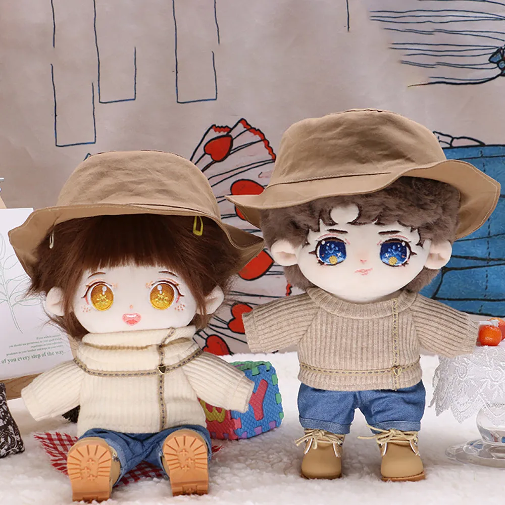 niannyyhouse 20cm Plushie Doll Clothes Travel Set Fisherman's Hat Low Neck Sweater Jeans Shoes 8in Doll Accessories