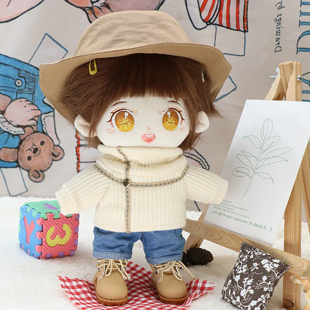 niannyyhouse 20cm Plushie Doll Clothes Travel Set Fisherman's Hat Low Neck Sweater Jeans Shoes 8in Doll Accessories