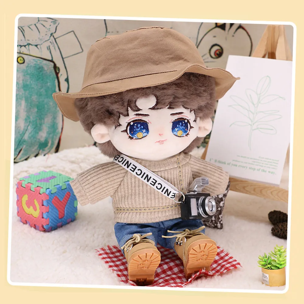 niannyyhouse 20cm Plushie Doll Clothes Travel Set Fisherman's Hat Low Neck Sweater Jeans Shoes 8in Doll Accessories
