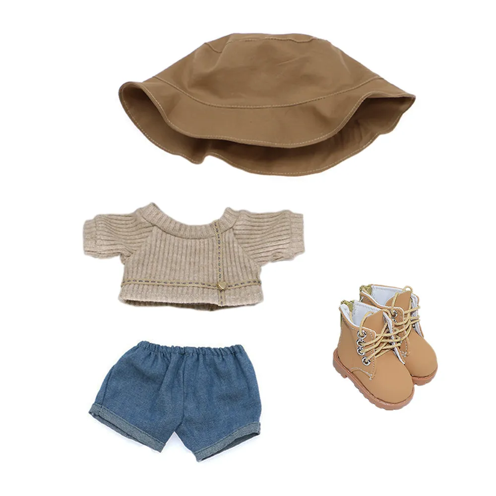 niannyyhouse 20cm Plushie Doll Clothes Travel Set Fisherman's Hat Low Neck Sweater Jeans Shoes 8in Doll Accessories
