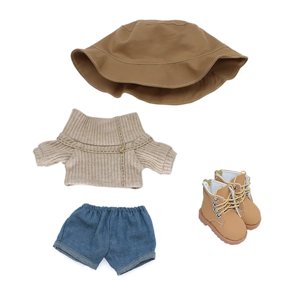 niannyyhouse 20cm Plushie Doll Clothes Travel Set Fisherman's Hat Low Neck Sweater Jeans Shoes 8in Doll Accessories