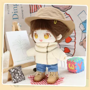 niannyyhouse 20cm Plushie Doll Clothes Travel Set Fisherman's Hat Low Neck Sweater Jeans Shoes 8in Doll Accessories