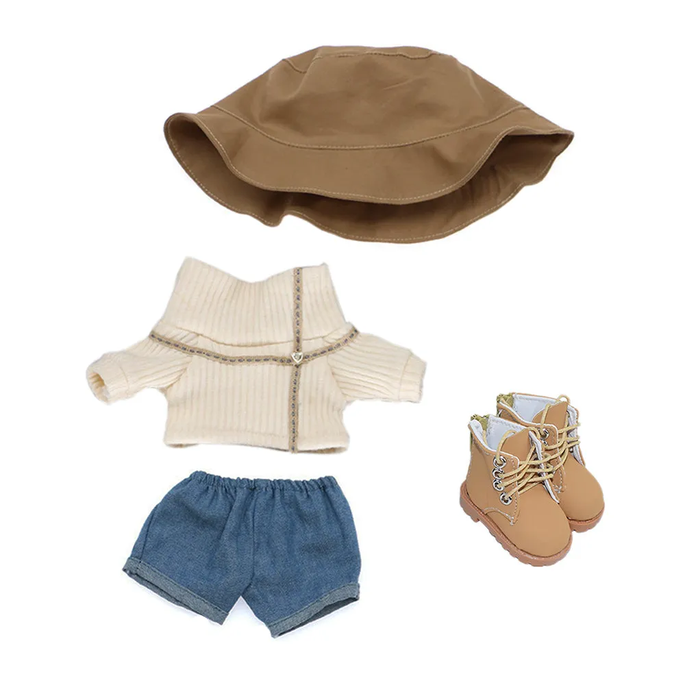 niannyyhouse 20cm Plushie Doll Clothes Travel Set Fisherman's Hat Low Neck Sweater Jeans Shoes 8in Doll Accessories