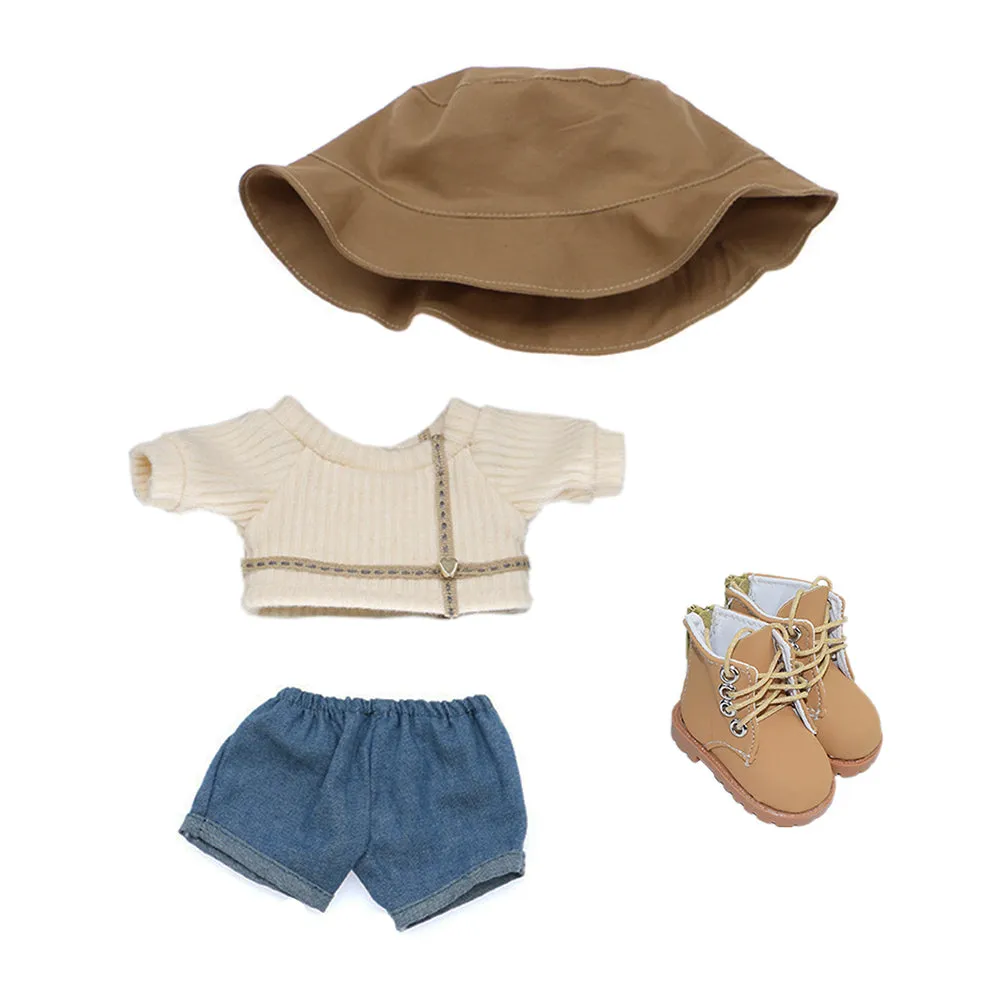 niannyyhouse 20cm Plushie Doll Clothes Travel Set Fisherman's Hat Low Neck Sweater Jeans Shoes 8in Doll Accessories