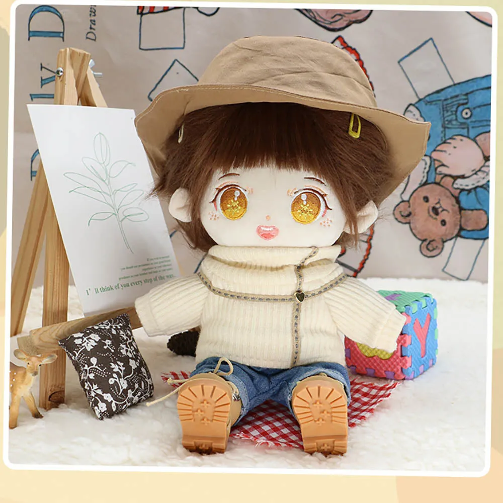 niannyyhouse 20cm Plushie Doll Clothes Travel Set Fisherman's Hat Low Neck Sweater Jeans Shoes 8in Doll Accessories
