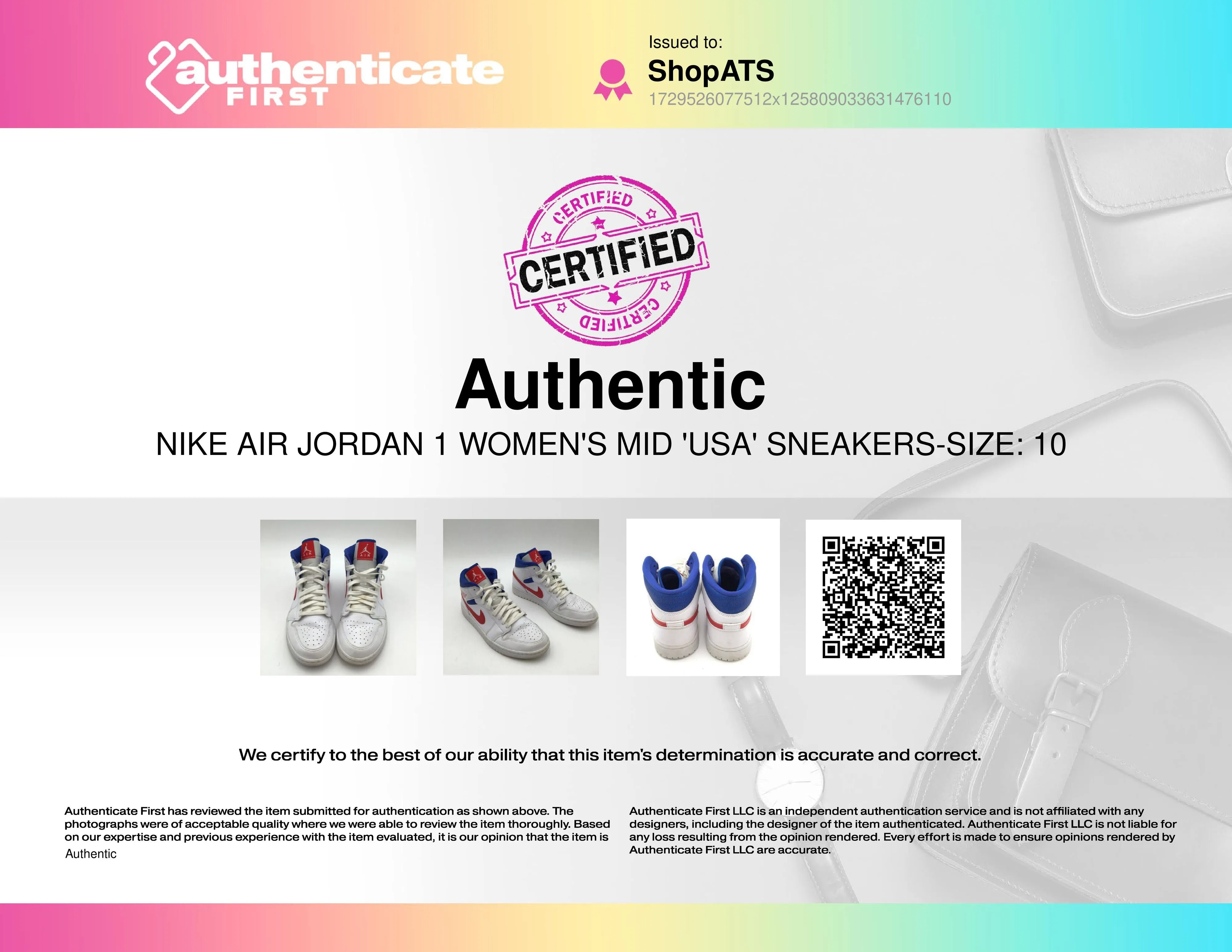 Nike Air Jordan 1 Women's Mid 'USA' Sneakers-Size: 10 ( COA)