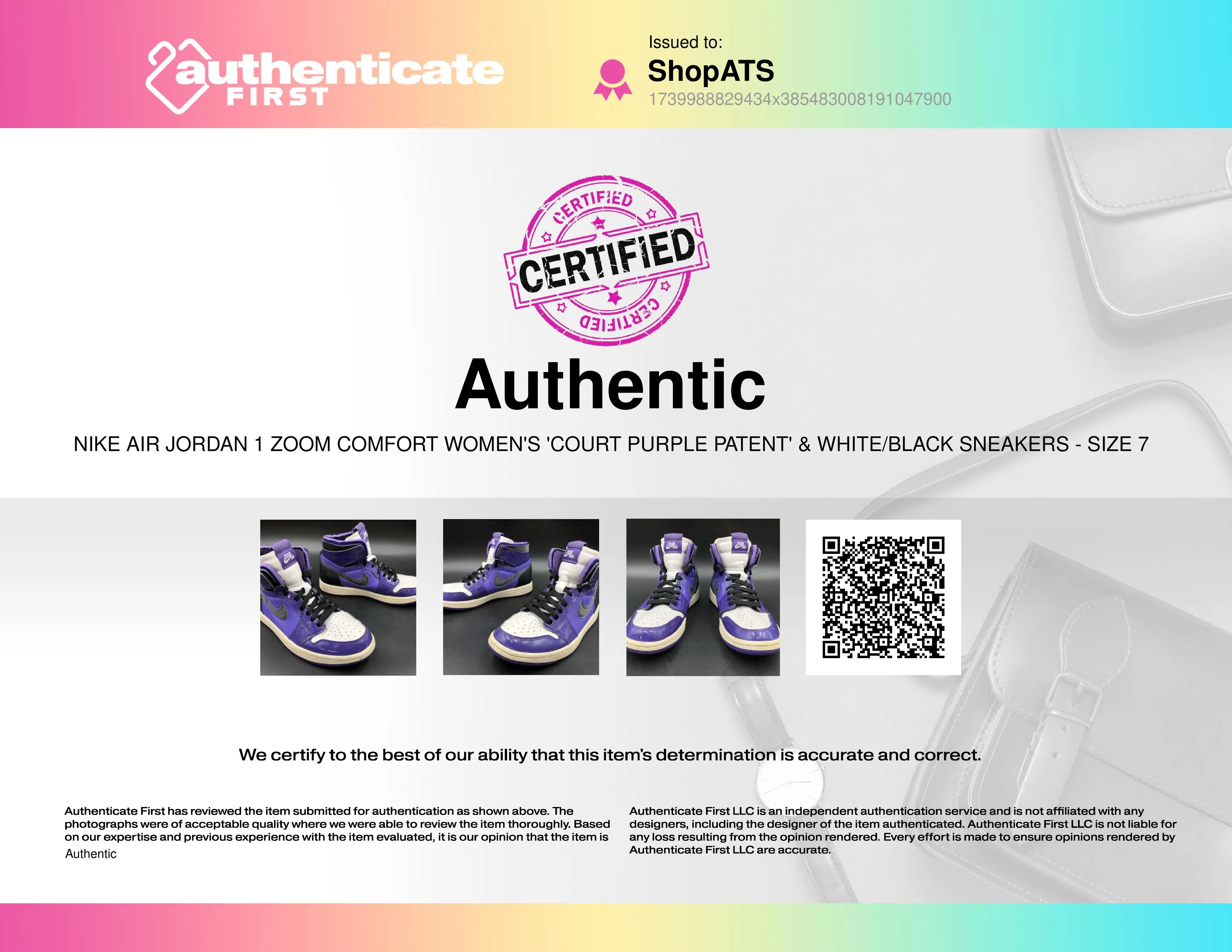 Nike Jordan 1 Zoom Comfort 'Court Purple Patent' Women's Sneakers - Sz 7 ( COA)