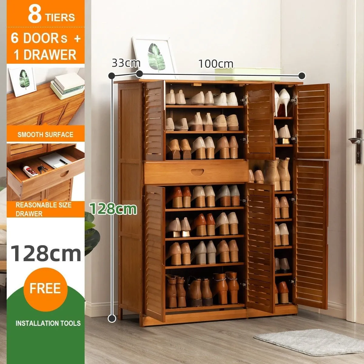NNEDSZ 10 Tier Bamboo Large Capacity Storage Shelf Shoe Rack Cabinet 4 Doors 1 Drawer