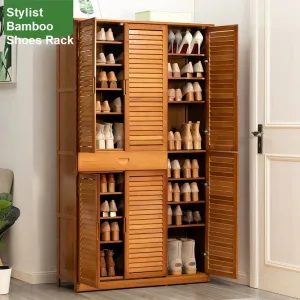 NNEDSZ 10 Tier Bamboo Large Capacity Storage Shelf Shoe Rack Cabinet 4 Doors 1 Drawer