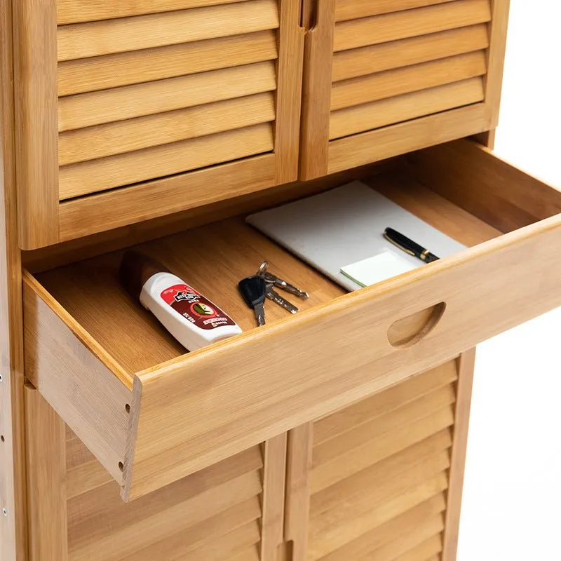 NNEDSZ 10 Tier Bamboo Large Capacity Storage Shelf Shoe Rack Cabinet 4 Doors 1 Drawer
