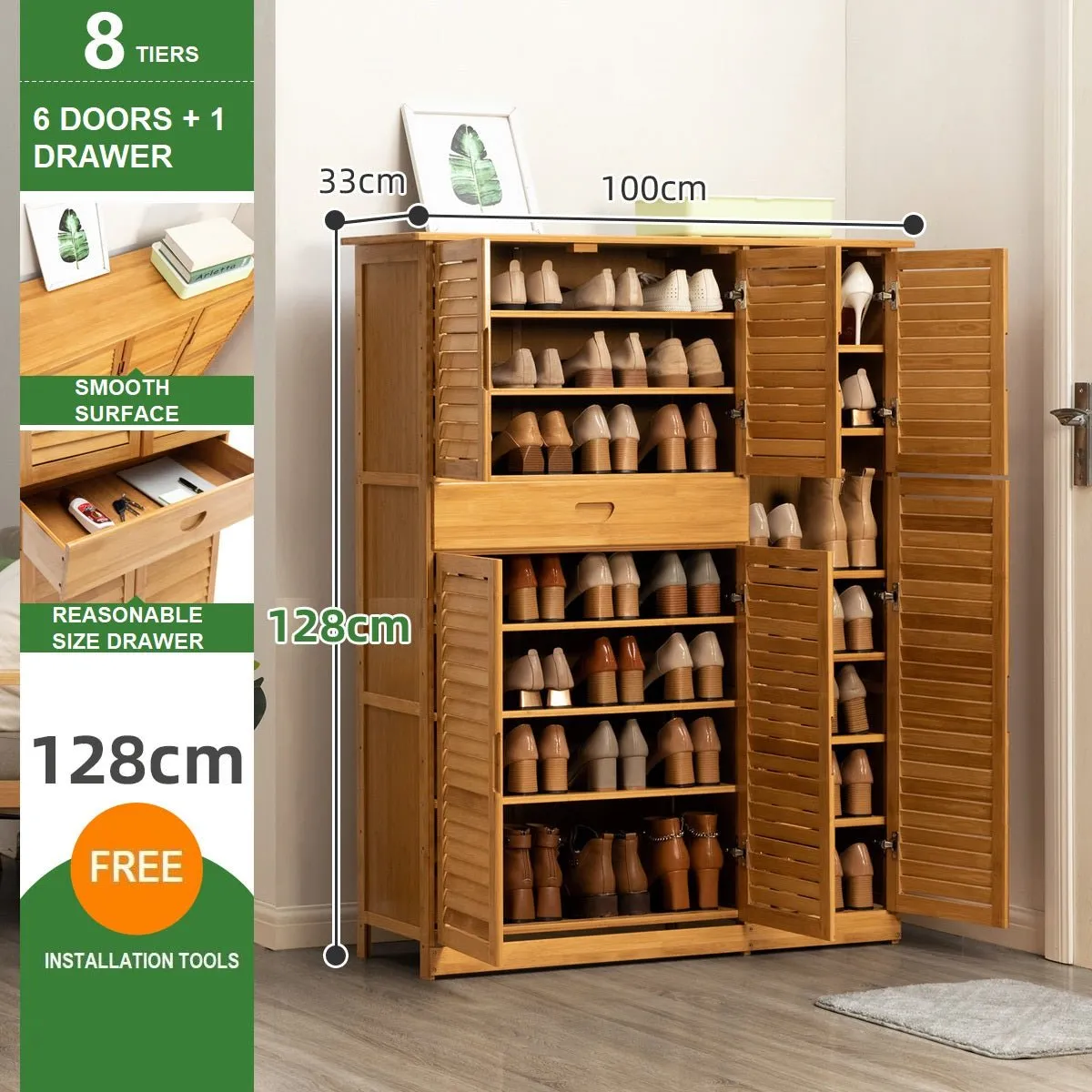 NNEDSZ 10 Tier Bamboo Large Capacity Storage Shelf Shoe Rack Cabinet 4 Doors 1 Drawer