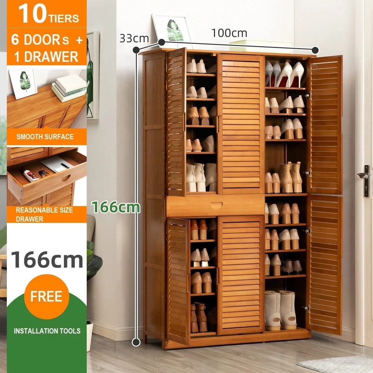 NNEDSZ 10 Tier Bamboo Large Capacity Storage Shelf Shoe Rack Cabinet 4 Doors 1 Drawer