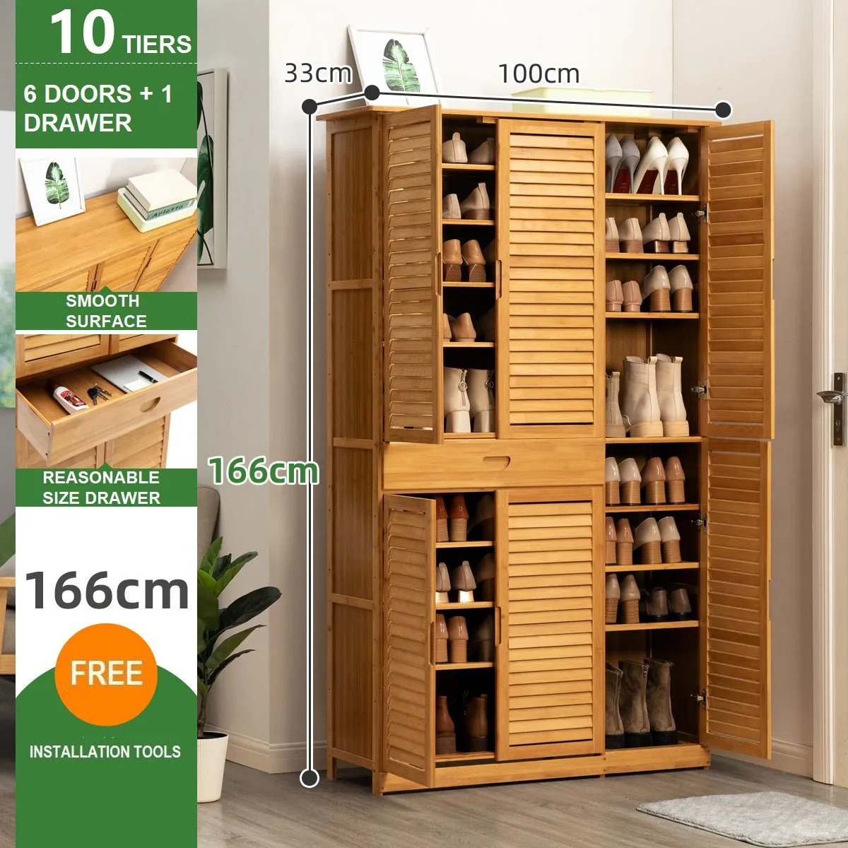 NNEDSZ 10 Tier Bamboo Large Capacity Storage Shelf Shoe Rack Cabinet 4 Doors 1 Drawer