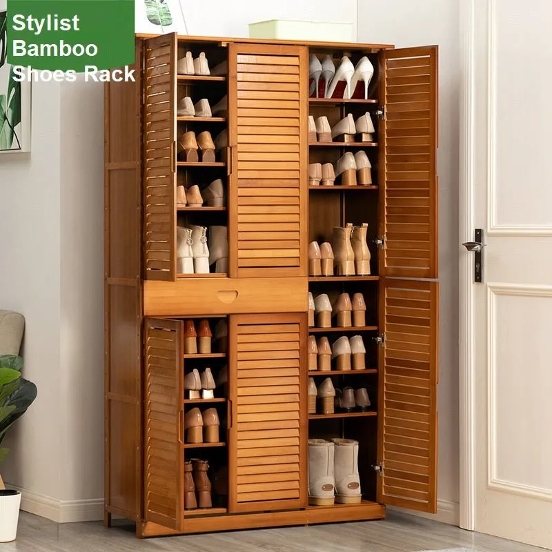NNEDSZ 10 Tier Bamboo Large Capacity Storage Shelf Shoe Rack Cabinet 4 Doors 1 Drawer