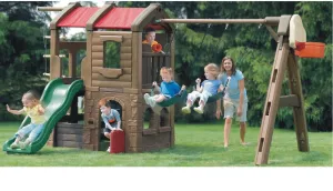 Special design two swings, one slide, kids play house, climbing rope and basketball net playground