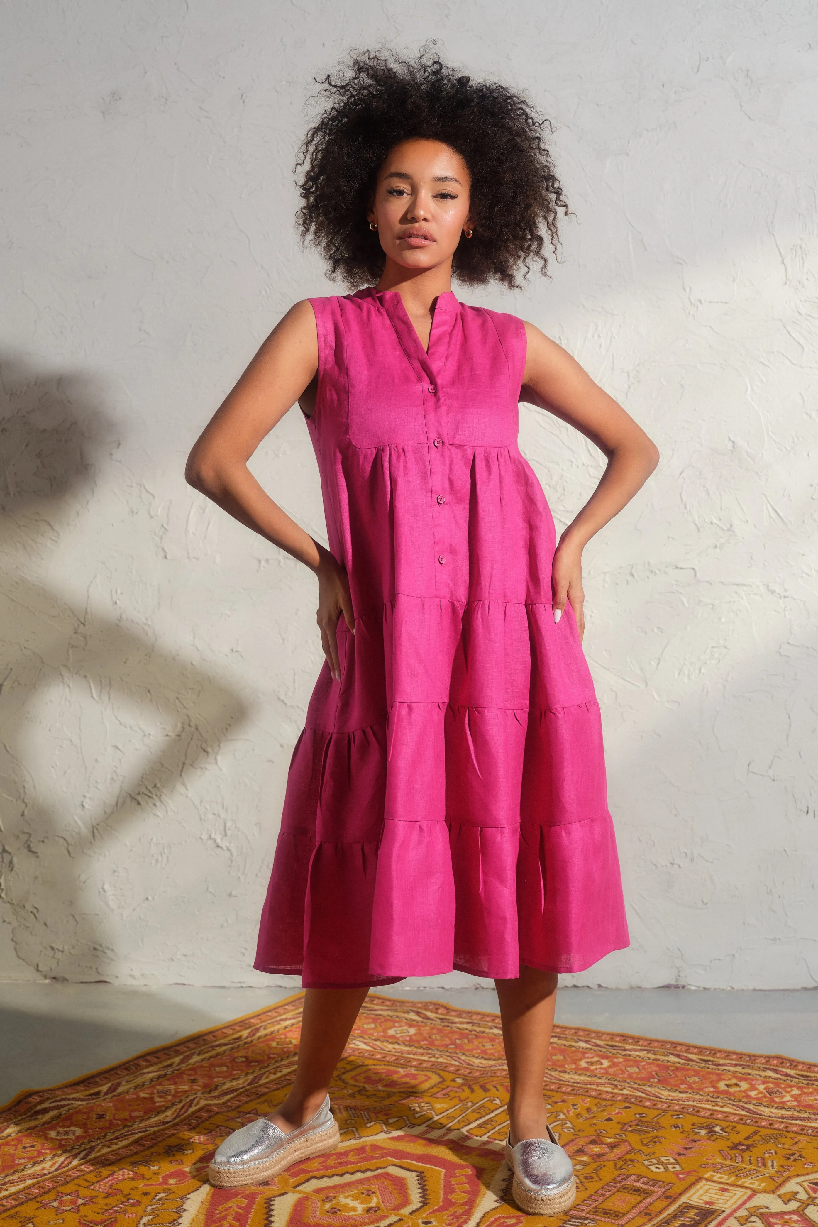 Summer linen sleeveless dress in Cyclamen