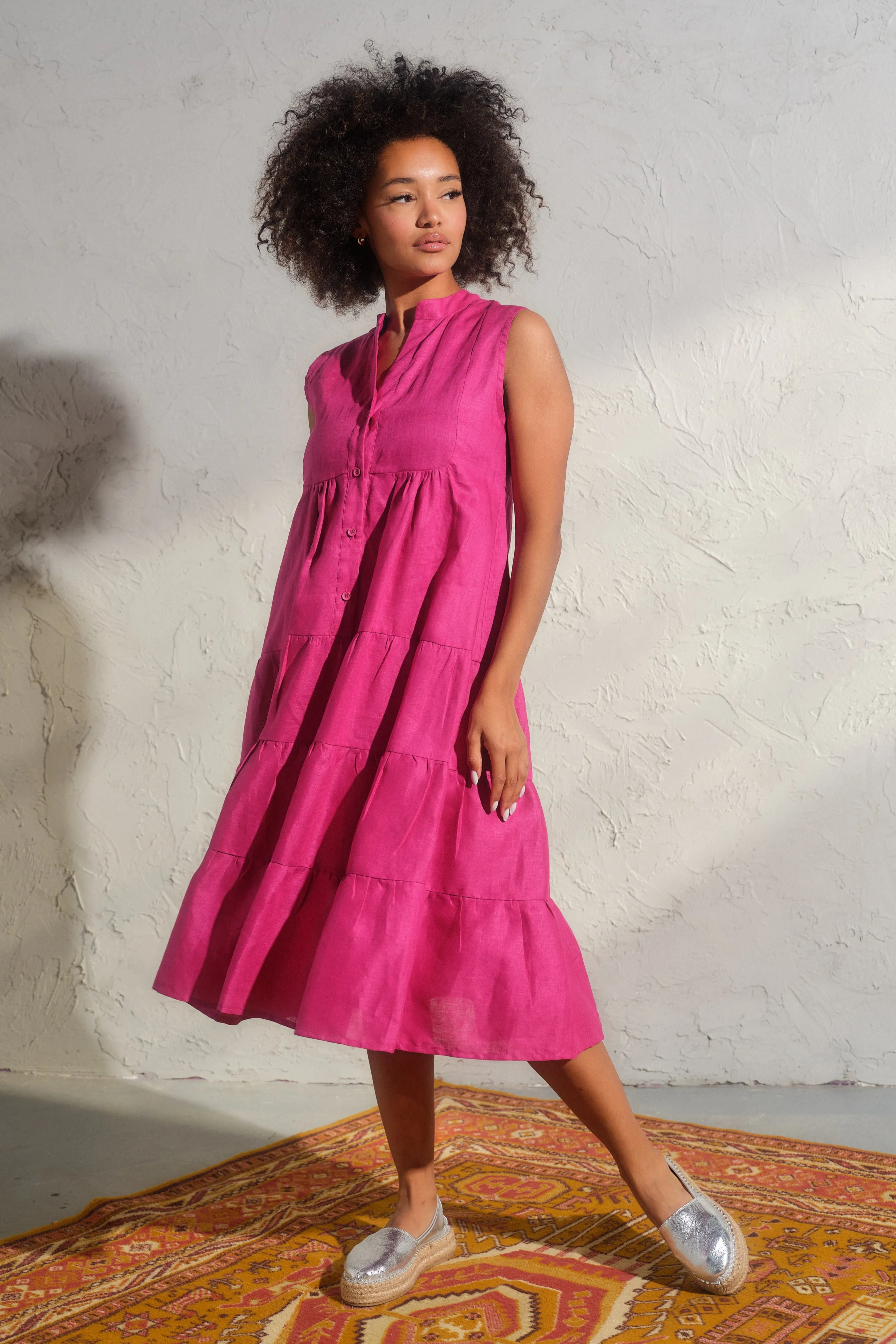 Summer linen sleeveless dress in Cyclamen