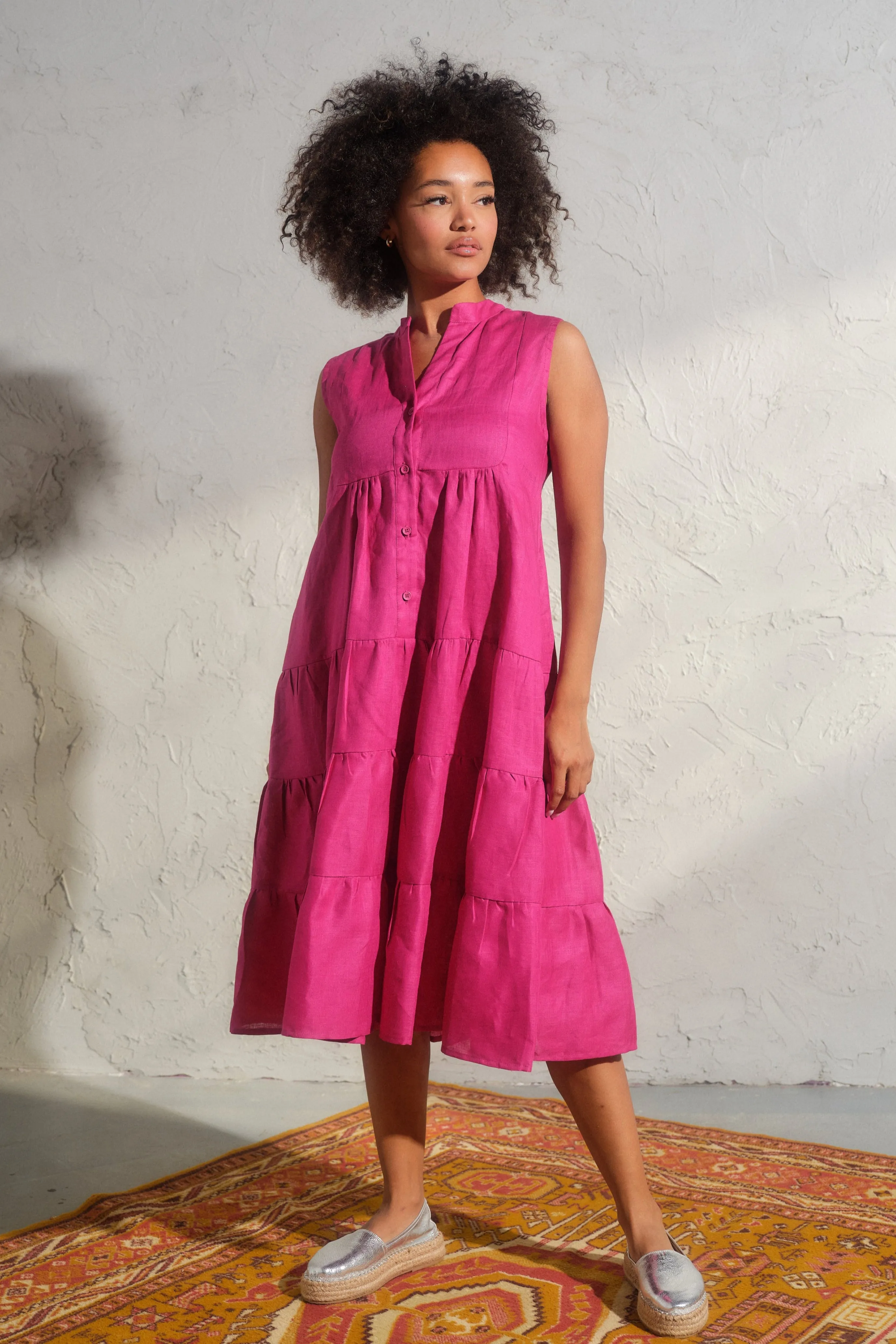 Summer linen sleeveless dress in Cyclamen