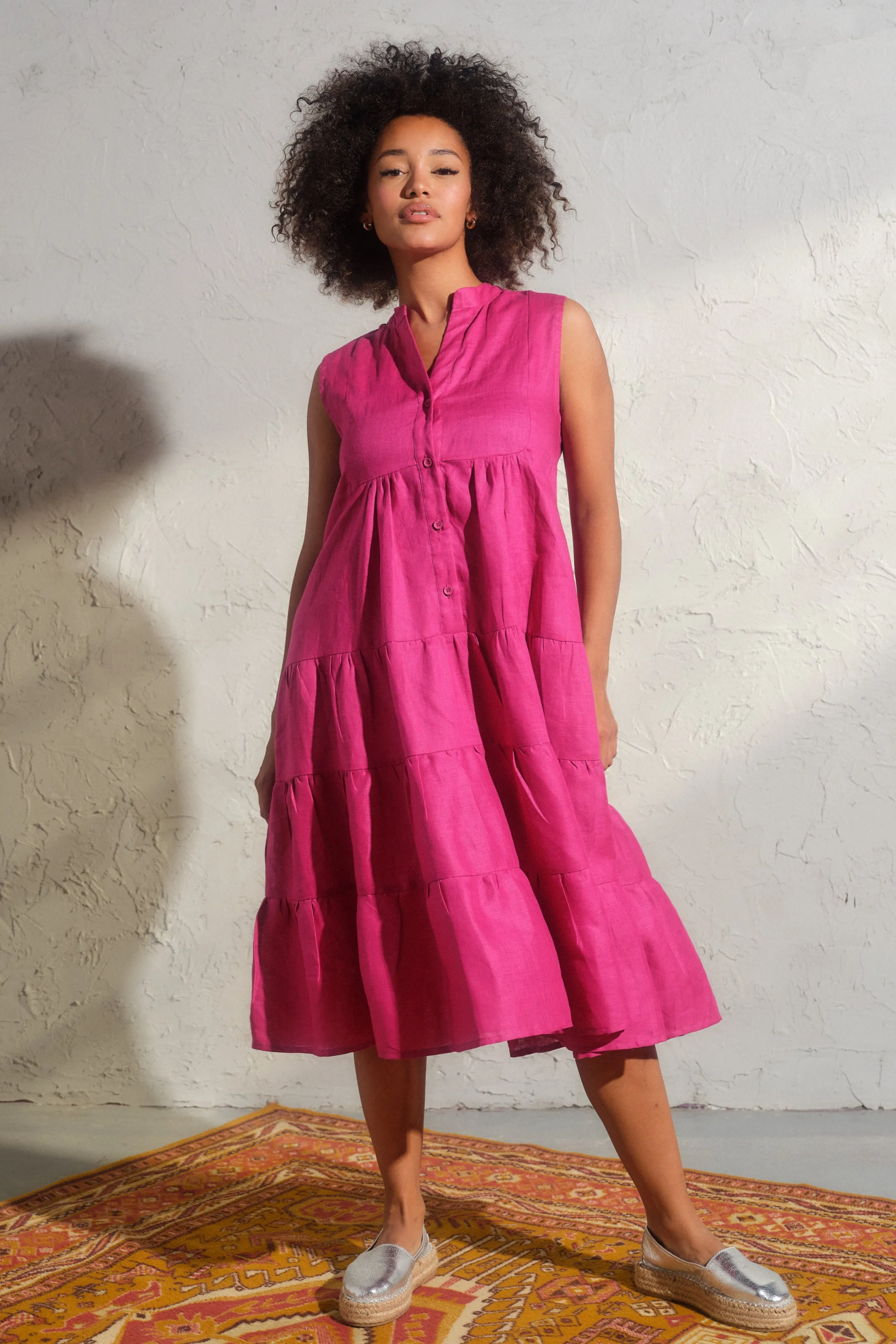 Summer linen sleeveless dress in Cyclamen