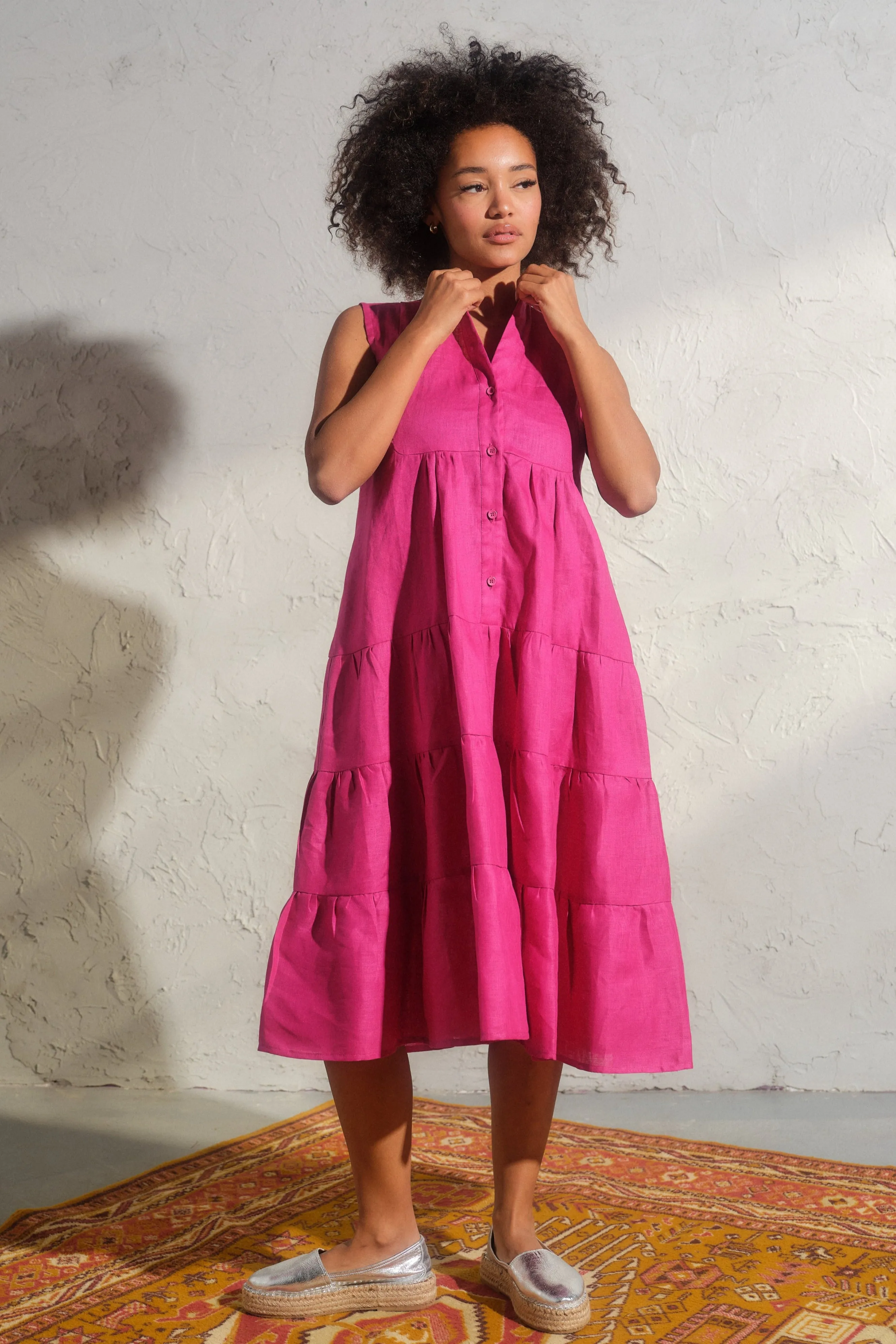 Summer linen sleeveless dress in Cyclamen