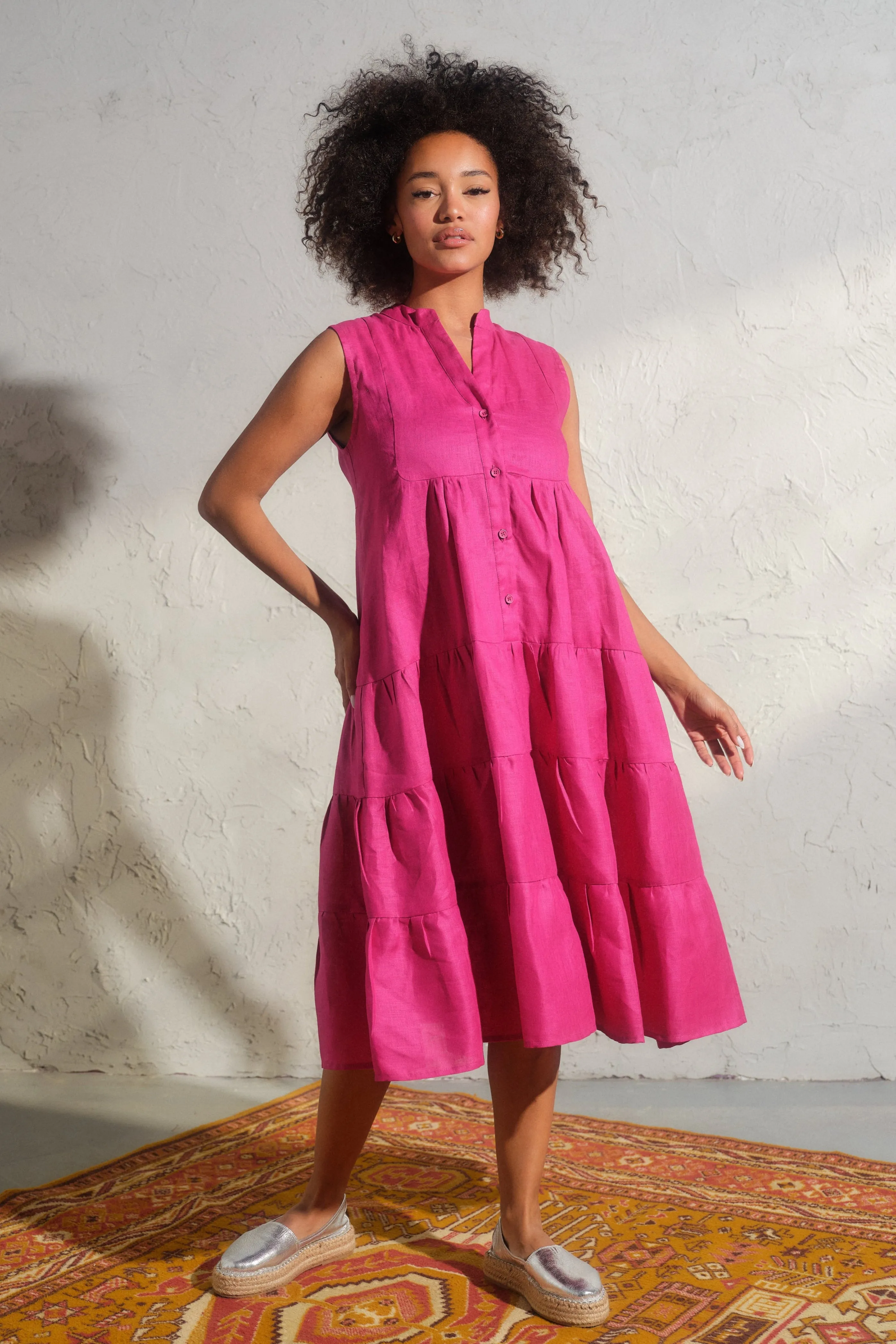 Summer linen sleeveless dress in Cyclamen