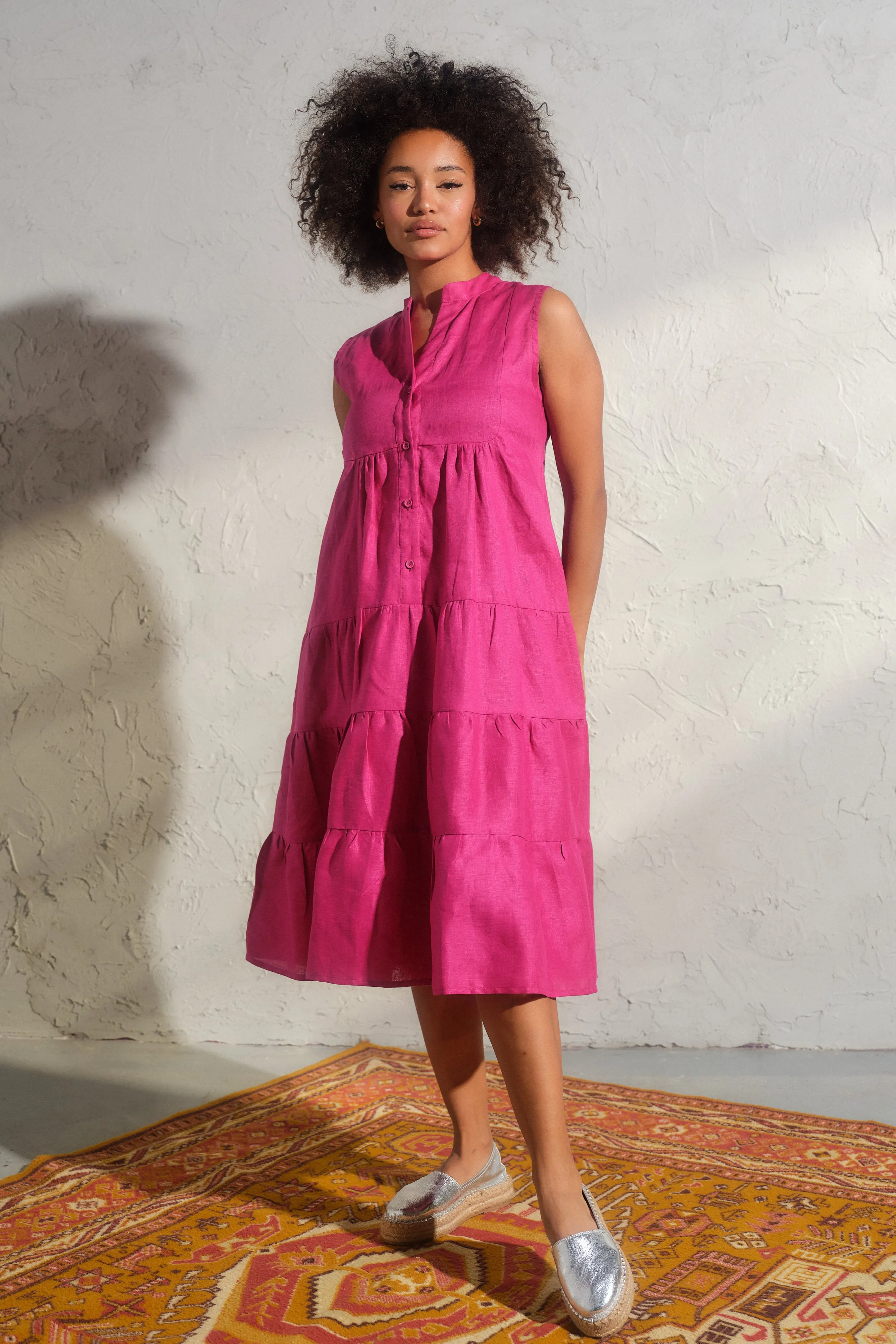 Summer linen sleeveless dress in Cyclamen