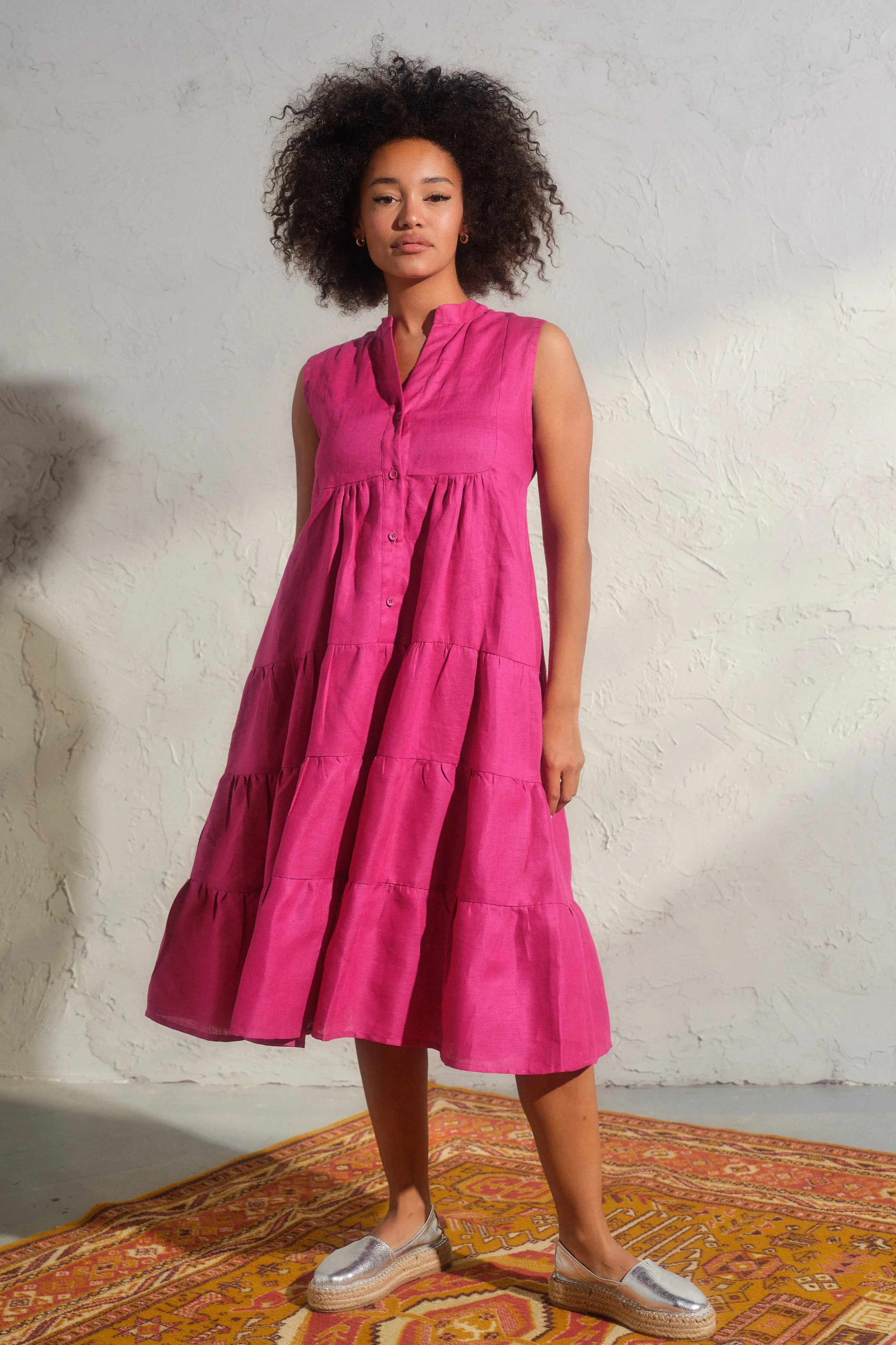 Summer linen sleeveless dress in Cyclamen