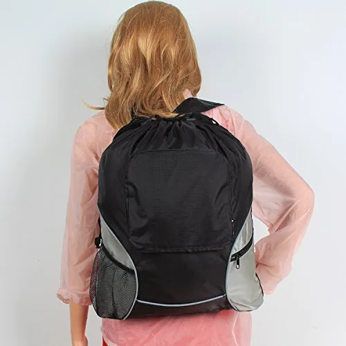 Teamoy Foldable Sackcpack Drawstring Backpack Gym Bag With Straps, Pockets, Reflective Tapes, Black
