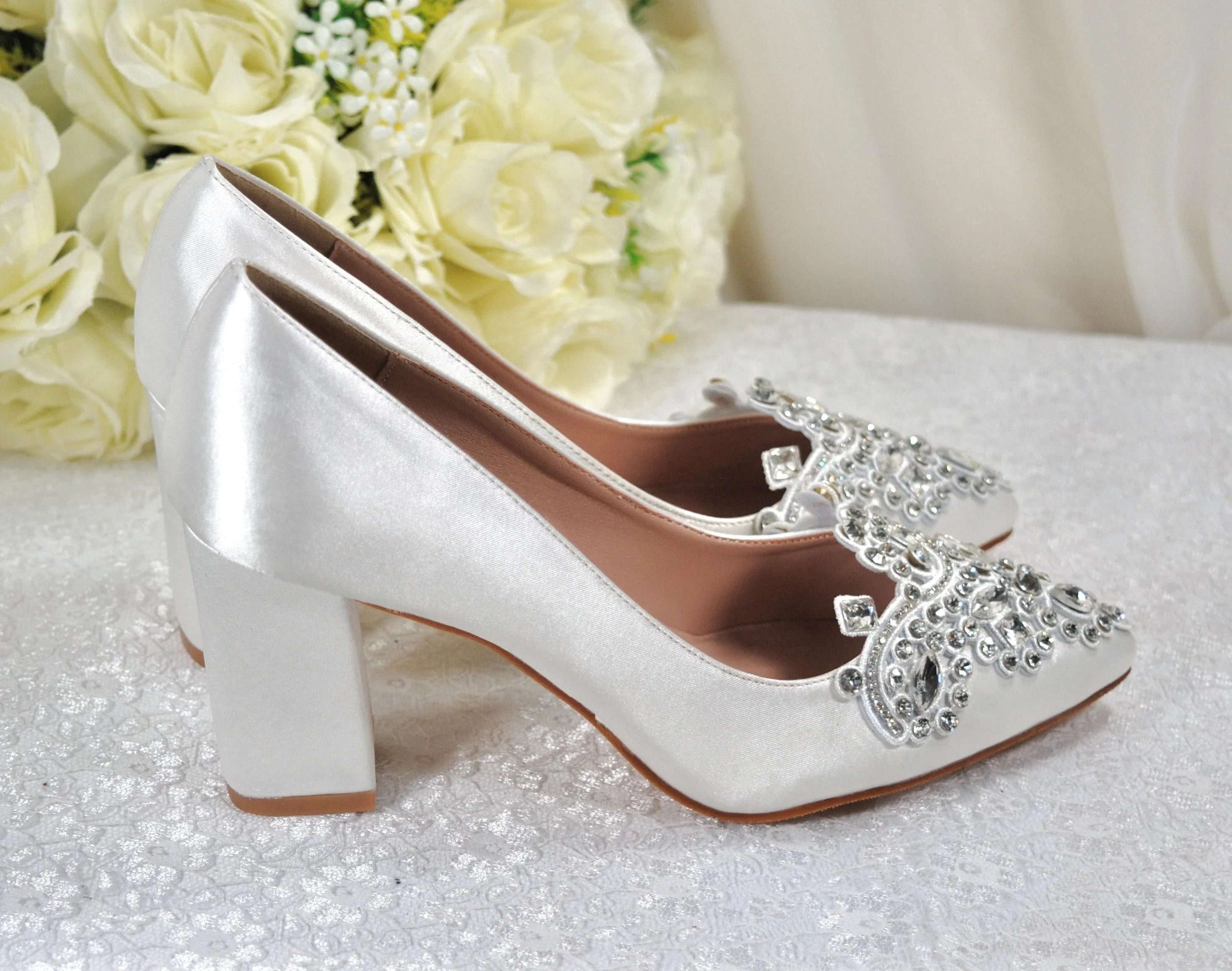 White Block Heel Wedding Shoes Size UK5/US7.5