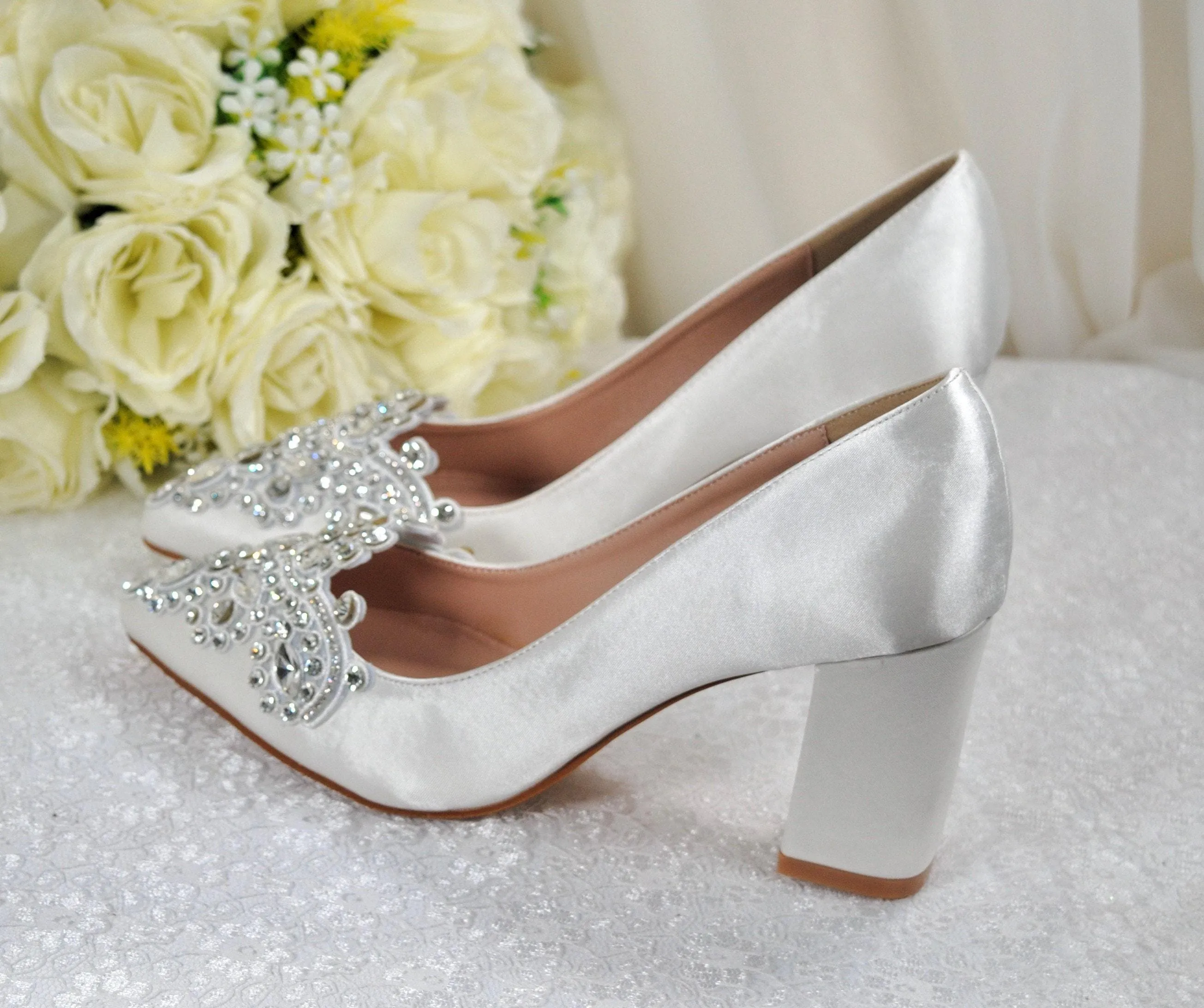 White Block Heel Wedding Shoes Size UK5/US7.5