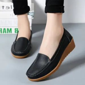 Women Soft Leather Loafers with Heels - Black Flats Moccasins Casual Zapatos Mujer Footwear