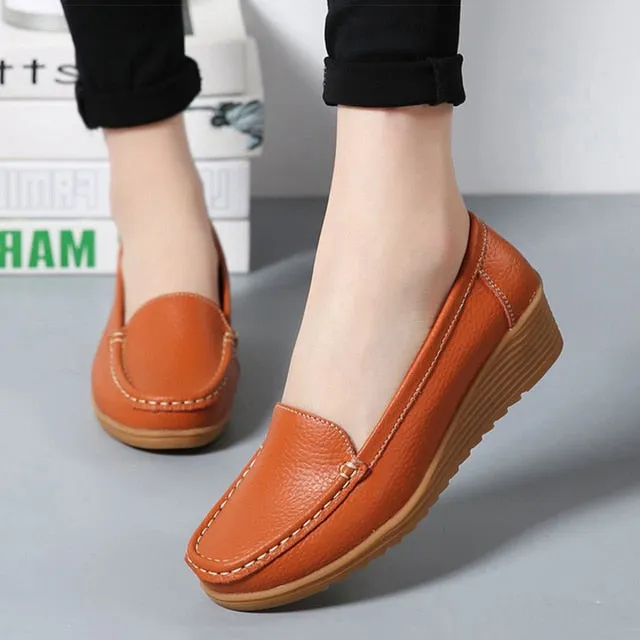 Women Soft Leather Loafers with Heels - Black Flats Moccasins Casual Zapatos Mujer Footwear