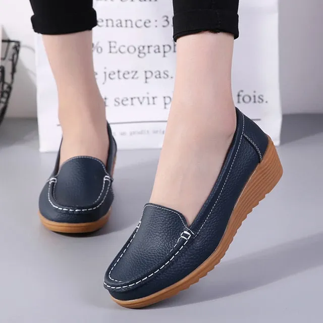 Women Soft Leather Loafers with Heels - Black Flats Moccasins Casual Zapatos Mujer Footwear