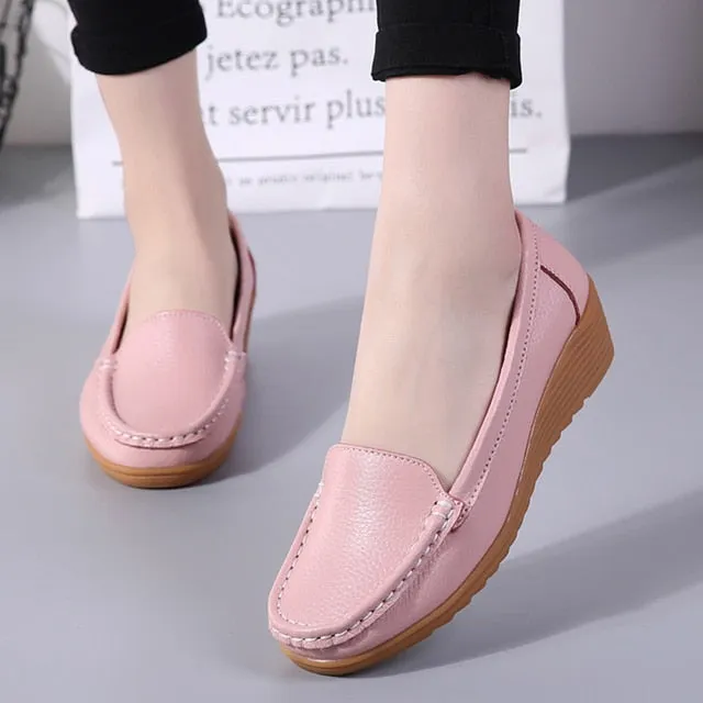 Women Soft Leather Loafers with Heels - Black Flats Moccasins Casual Zapatos Mujer Footwear